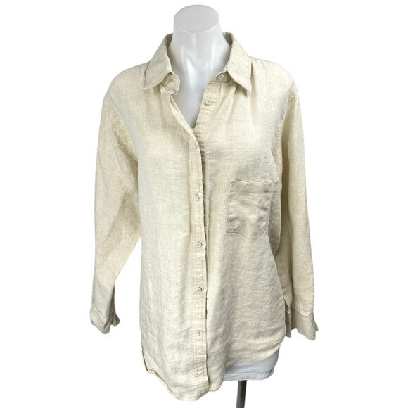Solid & Striped Beige Metallic Long Sleeve Button Down Shirt Cover Up Size L - Picture 1 of 5